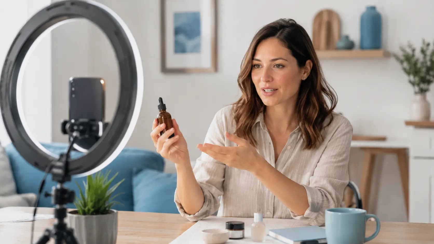 Content-Creatorin produziert Inhalte mit Kamera und Laptop
